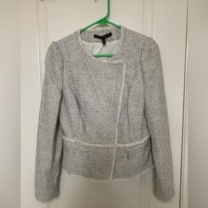 NWT White House Black Market Tweed Moto Jacket Ecru Gray Collarless Blazer